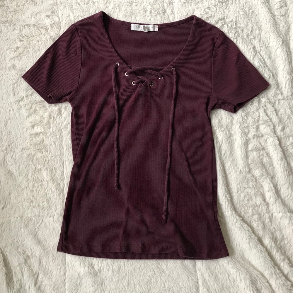 AEROPOSTALE Maroon Strappy Ribbed V Neck Top